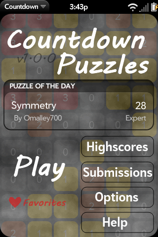 Home page of Countdown Puzzles, my first webOS app