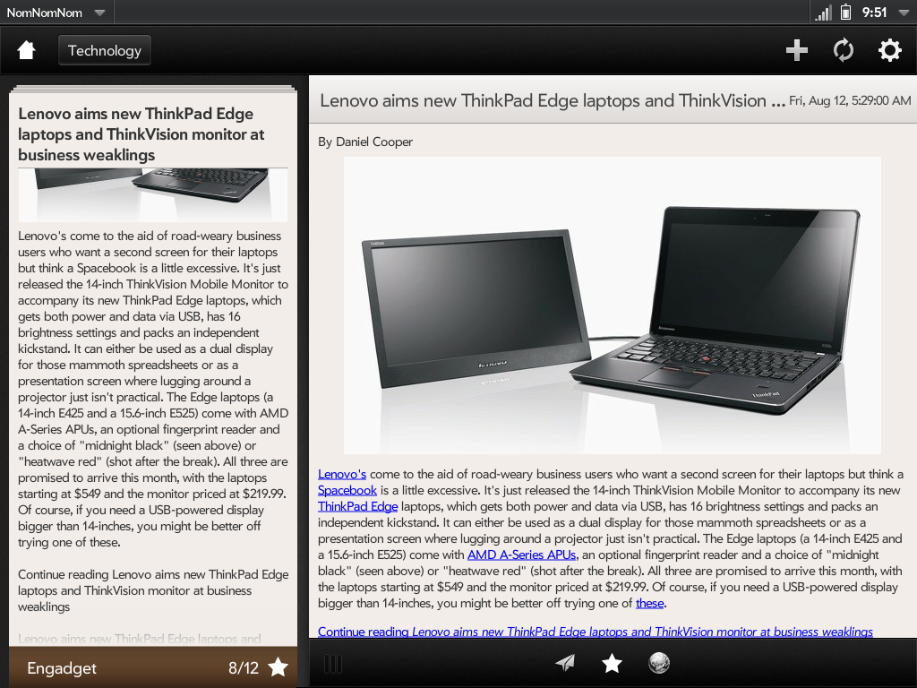 Screenshot of NomNomNom, a Google Reader client for the HP Touchapd