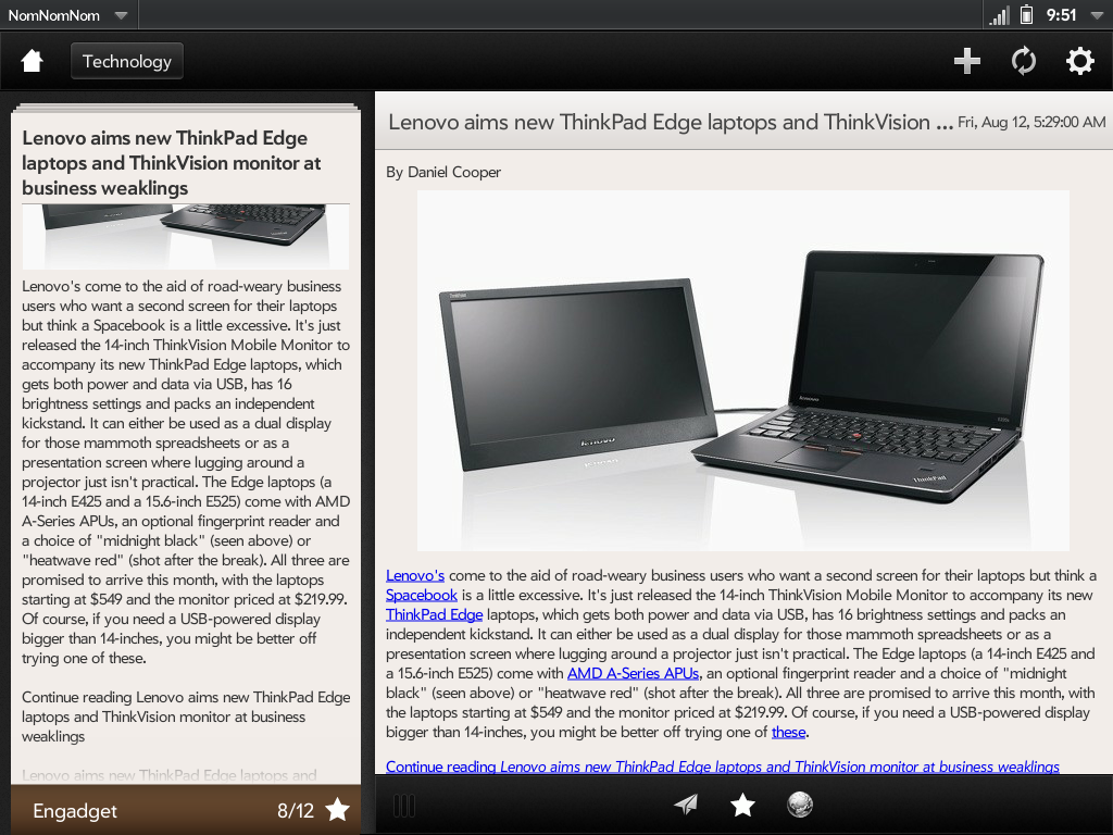 Screenshot of NomNomNom, a Google Reader client for the HP Touchpad